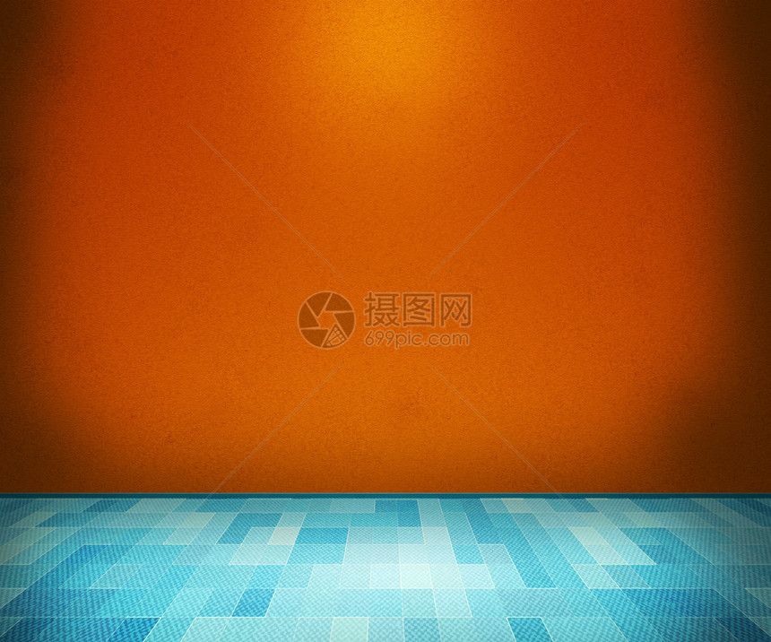 蓝色地板的橙色房间图片