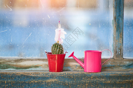 小粉红水罐和老窗户上图片