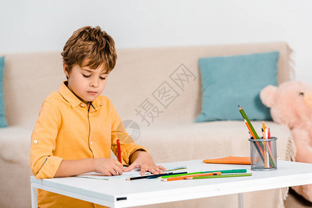 专注于用笔写字和在家学习的男孩图片