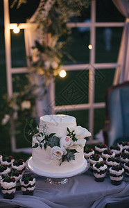 美丽的婚礼蛋糕和美味的水果甜点图片