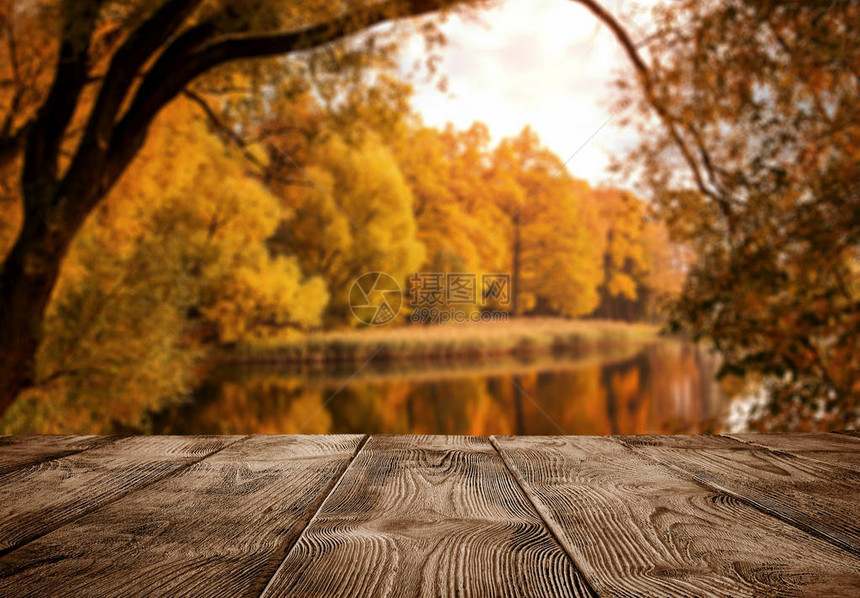 秋幕背景关闭湖边的旧空木板图片