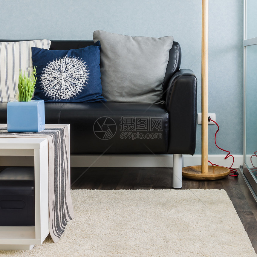 带沙发和灯的蓝色客厅设计图片