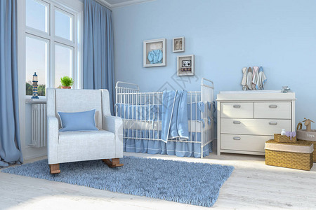 带床和玩具的儿童房的3d渲染图片