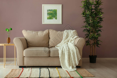 客厅内部靠近彩墙的舒适沙发背景图片