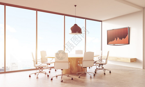 会议室内部与白墙上的液晶电视屏幕上的图表交易和股票市场的概念3d渲背景图片