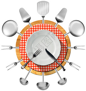 白色背景中突显的红色和白色桌布空白盘餐具和厨房用具图片