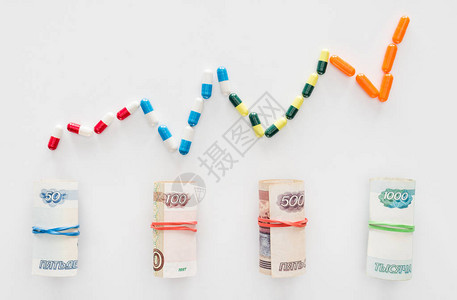 在白表面排行的多彩药丸和滚动俄罗斯钞票图图片