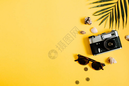 黄色背景棕榈叶照相机和太阳镜的平面旅行装饰品图片