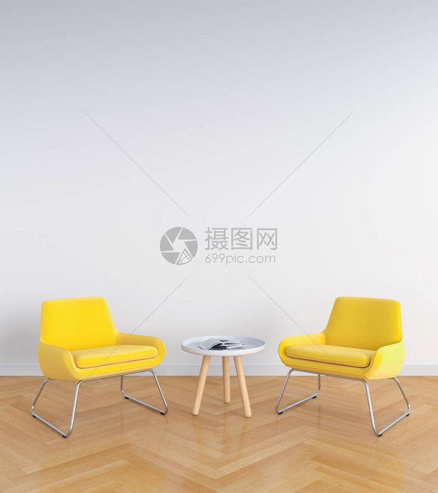 白色客厅的黄色沙发用于模拟3D渲染图片