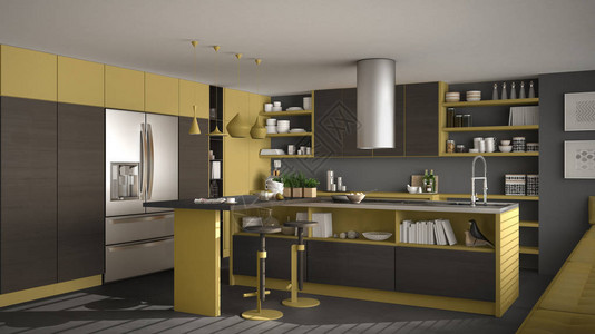 现代木制厨房配有木制细节灰色和黄色图片