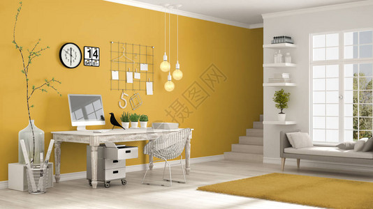 家庭工作场所斯堪的纳维亚白色和黄色房间角落办公室经典图片