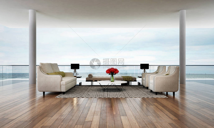 客厅和海景3D渲染室内设计图片