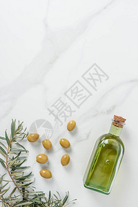 大理石桌上的橄榄油树枝图片