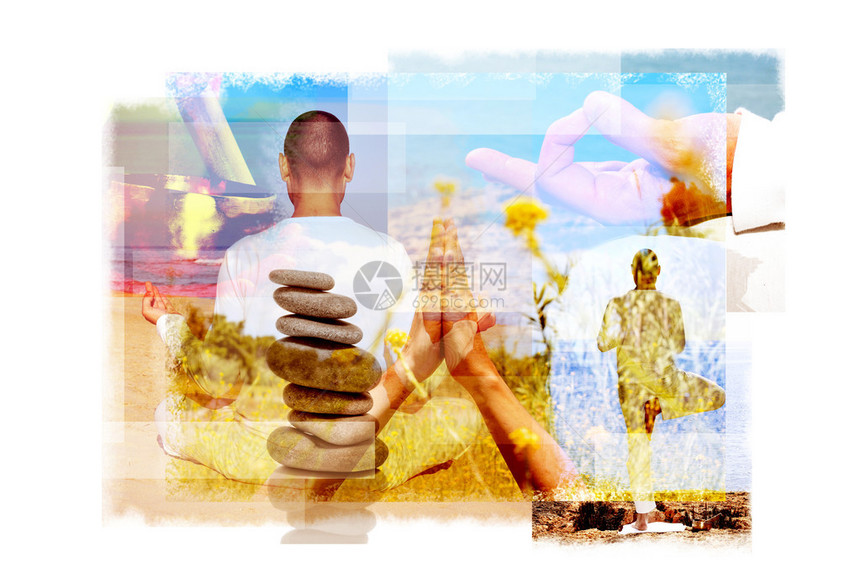 一名在户外不同瑜伽姿势和一堆平衡的石块或吉贝丹人唱歌碗中的青年瑜伽男子多次暴图片