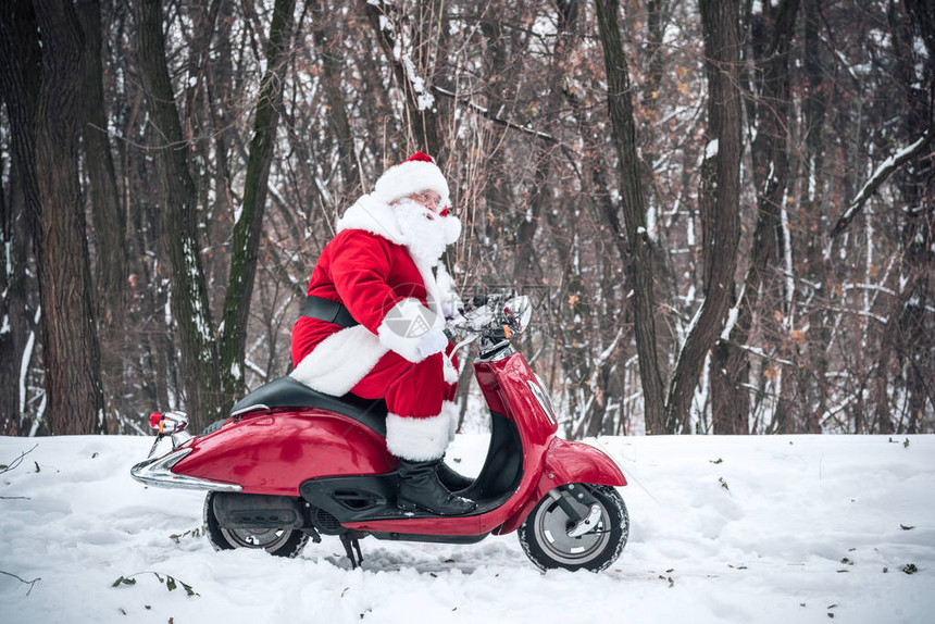 圣诞老人的侧面景色在冬季公园骑图片