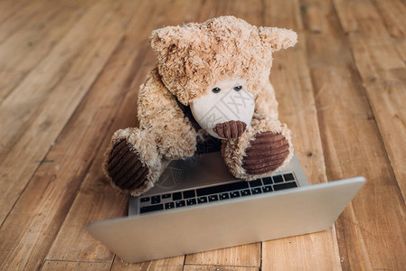 Teddy熊玩具和膝上型电脑在图片