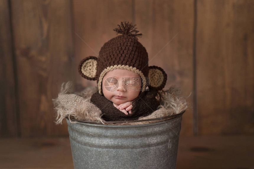 一周前刚出生的男婴戴着棕色假毛帽图片