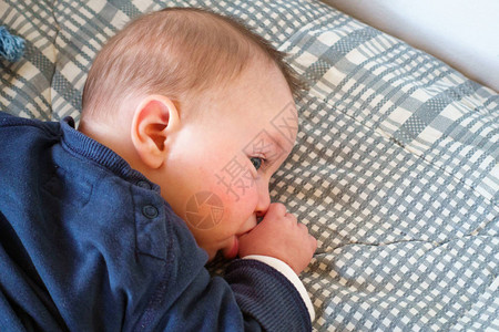 婴儿男孩大拇指在床上吸的顶图片