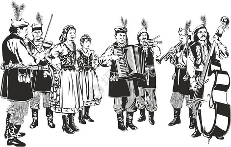 波兰传统民俗乐团Krakowiaki作为黑色和白色风格说明图片