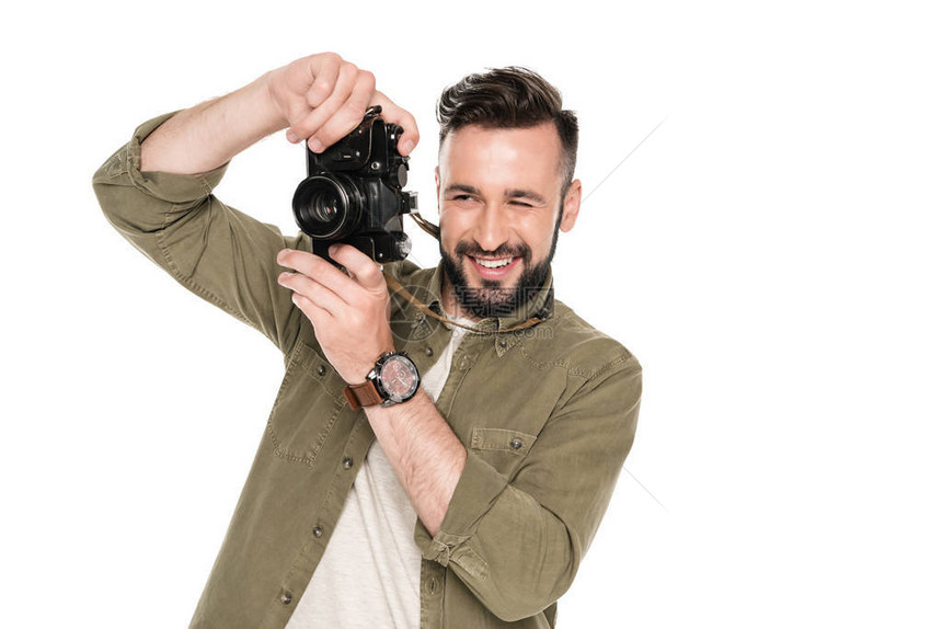 照片摄影机拍摄的笑着男人肖像画照片摄像头与图片