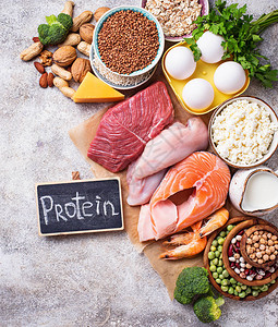 健康食品在蛋白质肉类鱼类奶制品坚果和豆背景图片