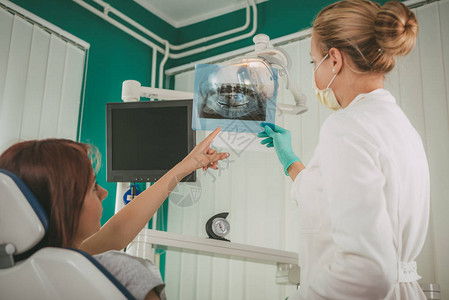 年轻的女牙医在她的办公室向病人展示X光照片图片