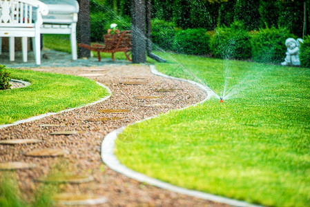 后院住宅花园草地洒水器在行动花园小径图片