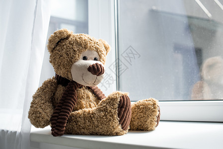 窗台上可爱泰迪熊的近景图片