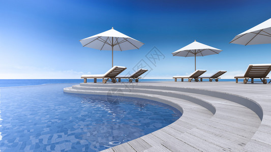 3D日床和雨伞在曲线木形阳台脚底海景无限游图片