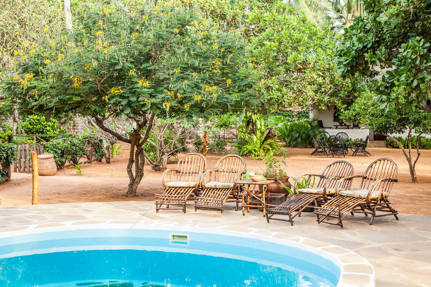 肯尼亚花园内一个游泳池附近的木制优美椅图片