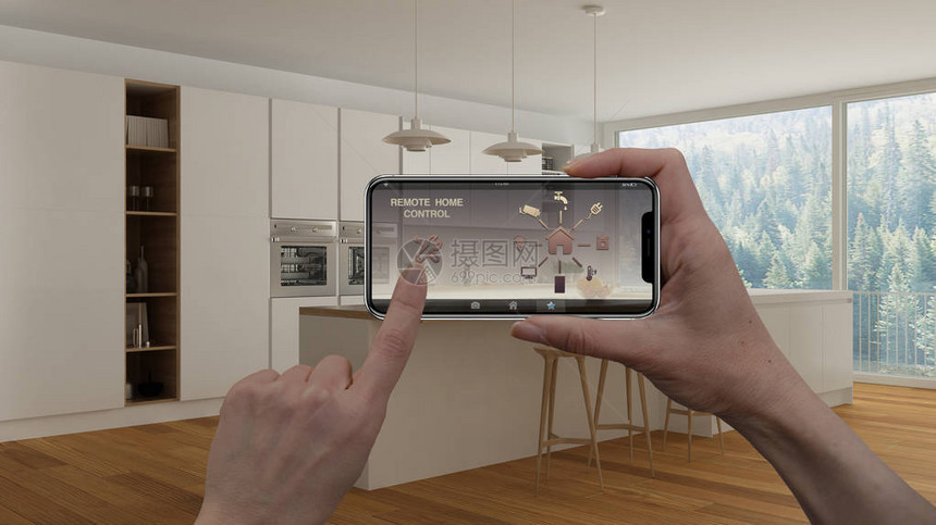 数字智能手机平板电脑上的远程家庭控制系统带有应用程序图标的设备背景中现代简约的白色和木质厨房的内图片