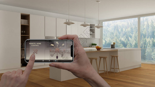 数字智能手机平板电脑上的远程家庭控制系统带有应用程序图标的设备背景中简约的白色厨房内背景图片