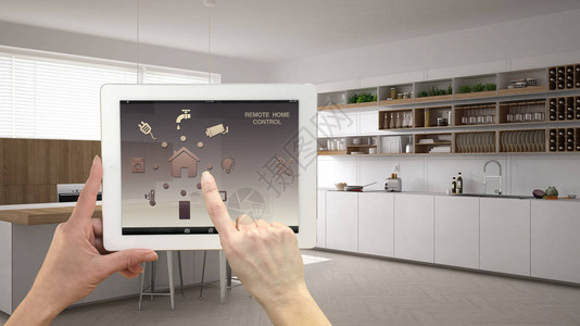 数字平板电脑上的智能远程家庭控制系统带有应用程序图标的设备背景中简约的白色厨房内背景图片