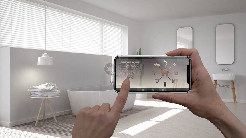 数字智能手机平板电脑上的远程家庭控制系统带有应用程序图标的设备背景中简约的白色浴室内图片
