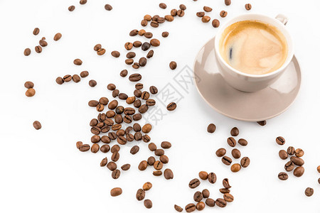 咖啡豆和一杯咖啡热咖啡图片