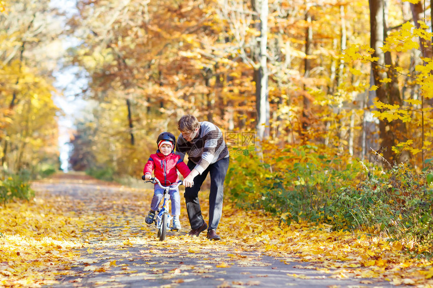 岁的小男孩和他的父亲在秋天的森林里骑着自行车爸教儿子积极的家庭休闲带头盔的孩子安全休闲图片