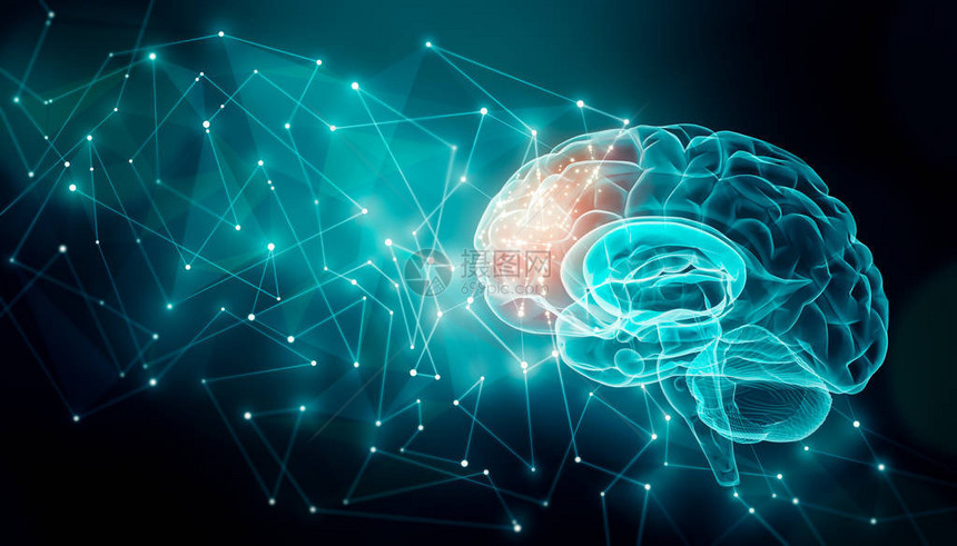 与神经丛线的人脑活动额叶中的外部大脑连接通信心理学人工智能或人工智能神经元信息或认知概念用图片
