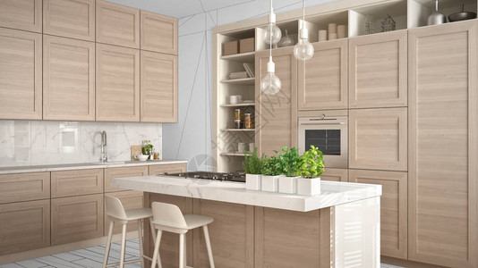 现代豪华公寓中带木质细节的现代白色室内设计理念背景中的黑色墨水素描背景图片