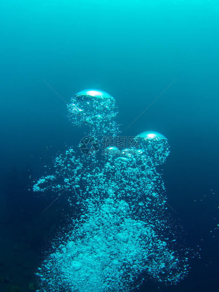 来自SCUBA潜水员的气泡慢上升到水面图片