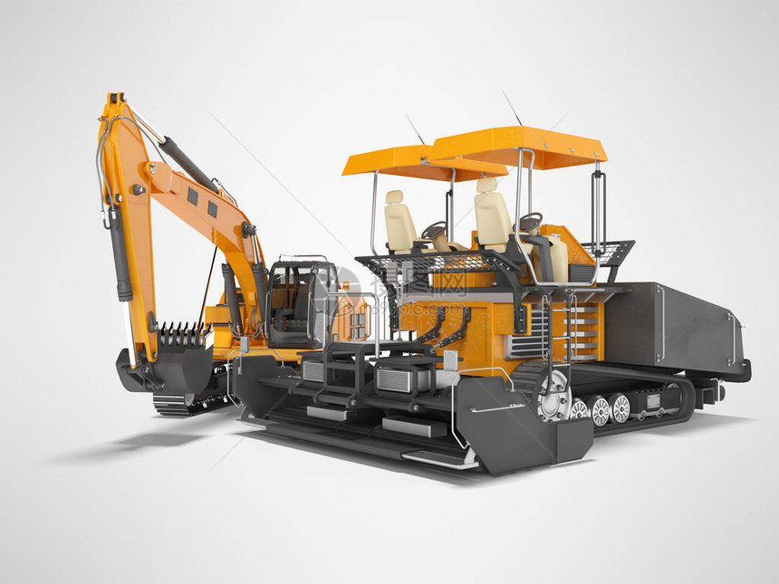 橙色沥青撒布机和爬行挖土车3D在灰色背图片