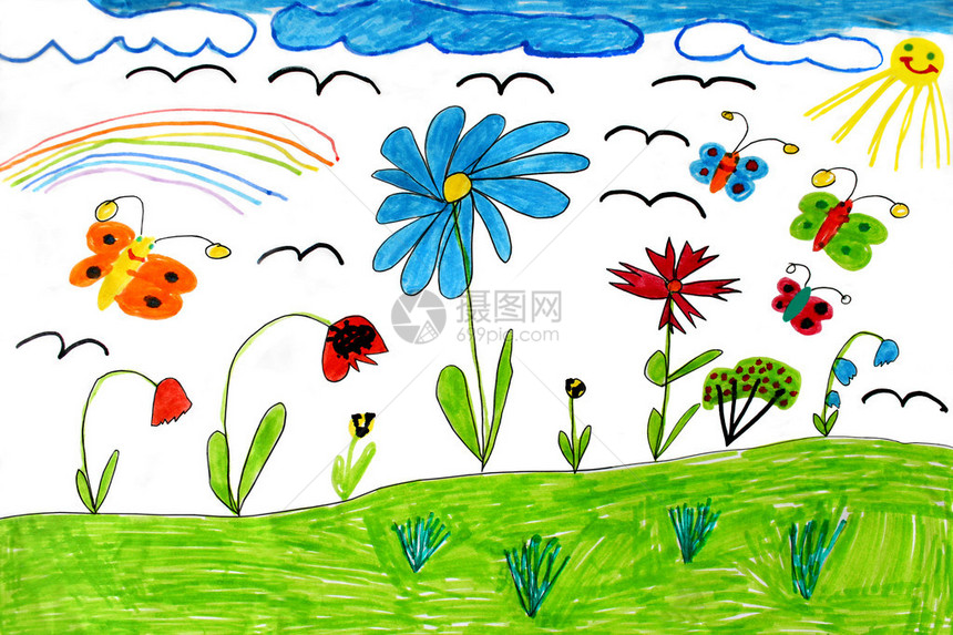 五彩缤纷的儿童画彩虹蝴蝶和花朵图片