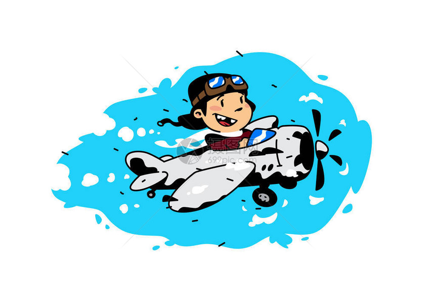 一个卡通男孩在云层中乘坐飞机行的插图像在白色背景上被隔离印刷品和网站的插图飞行员是我们这图片