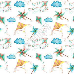 天空中的水彩风筝天上无缝模式手在白色图片