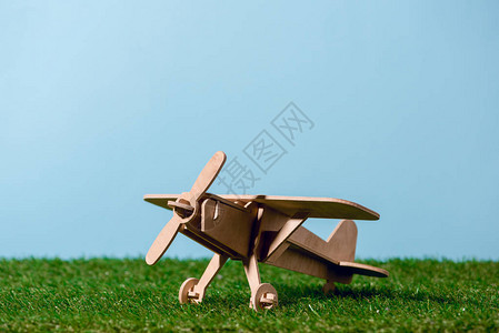 绿草上小型木制玩具飞机的特写镜头图片