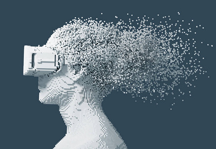 3D像素上戴虚拟现实镜的数码男子图片