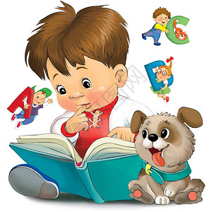 一个男孩的有趣的漫画正在阅读一本书图片