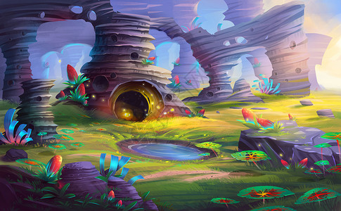 具有奇妙现实和远古风格的山洞行星视频游戏的数字CG艺术作品图片