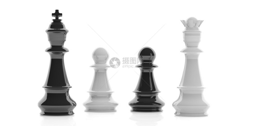 3d渲染黑白棋王后和棋子在白色背景上图片