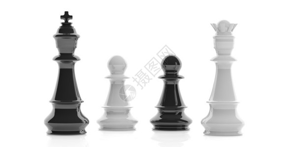 3d渲染黑白棋王后和棋子在白色背景上背景图片