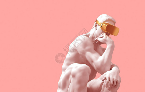 粉色背景的金VR眼镜思考图片